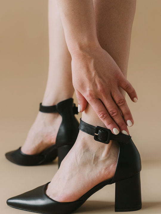 Alta Moda Μυτερές Γόβες με Λουράκι & Μεσαίο Τακούνι Μαύρες