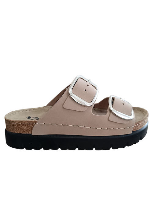 Comfort Way Shoes Δερμάτινα Γυναικεία Ανατομικά Σανδάλια Flatforms Μπεζ
