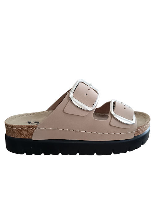Comfort Way Shoes Γυναικεία Δερμάτινα Ανατομικά Σανδάλια Flatforms Μπεζ