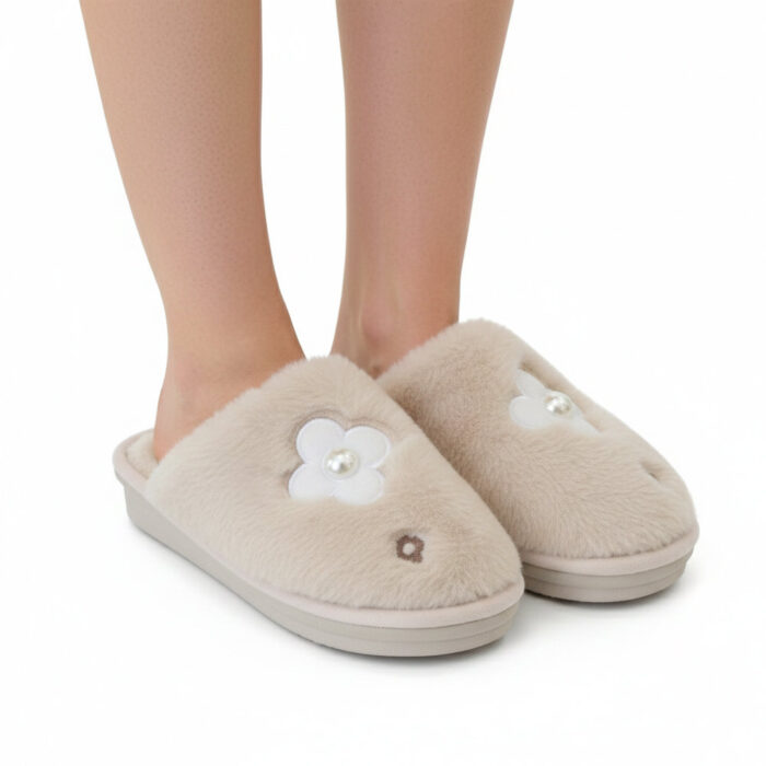 Atlanta Γυναικείες Χειμερινές Παντόφλες Μπεζ flower-03 - Lampis Shoes
