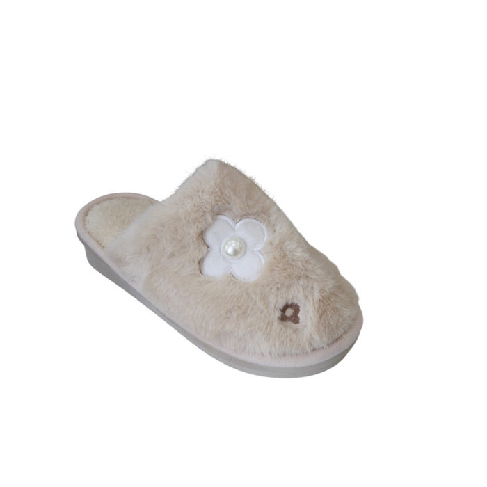 Atlanta Γυναικείες Χειμερινές Παντόφλες Μπεζ flower-03 - Lampis Shoes